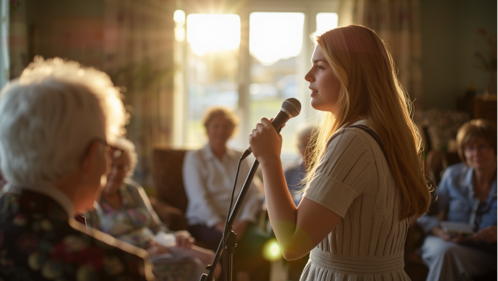 Young girl singing in a Care Home